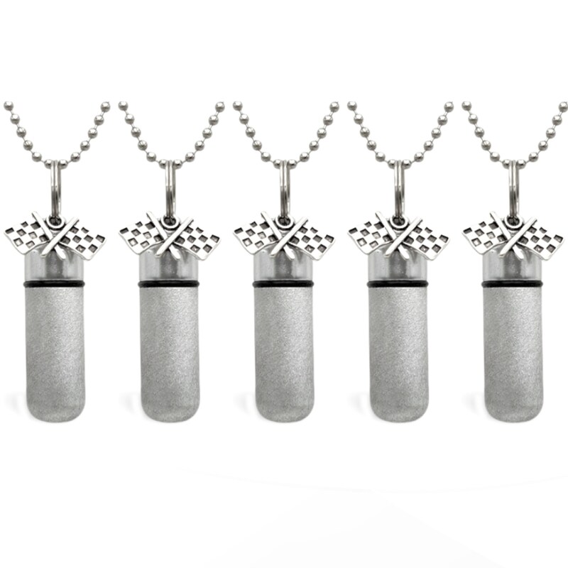 Set of FIVE Brushed Silver Racing Flags CREMATION URN Necklaces on 24" Steel Ball Chains - Includes Velvet Pouches and Fill Kit